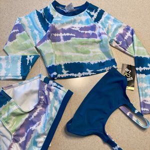 Rash Guard Swimsuit for Girls Size S (6/6X) Blue Tie Dye ~ UPF 50+ NWT